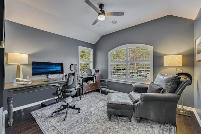 22 Wingreen Loop, The Hills, TX 78738 - office space with lofted ceiling, baseboards, a ceiling fan, and wood finished floors
