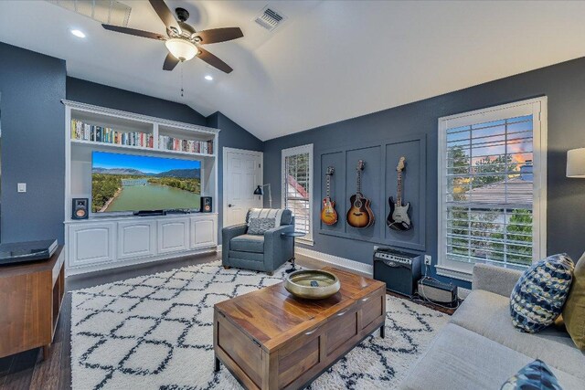 22 Wingreen Loop, The Hills, TX 78738 - living area with a ceiling fan, lofted ceiling, wood finished floors, recessed lighting, and baseboards