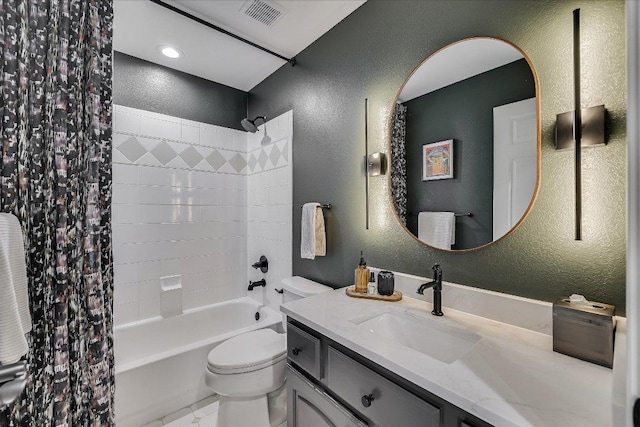 22 Wingreen Loop, The Hills, TX 78738 - full bath featuring a textured wall, vanity, shower / bathtub combination with curtain, and toilet