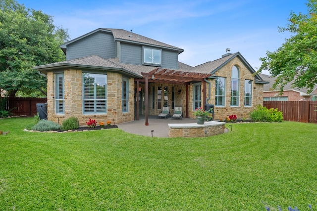 3022 Luminoso Ln E, Round Rock, TX 78681 - back of property with a pergola, stone siding, a patio area, and roof with shingles
