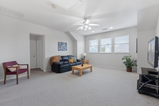 3022 Luminoso Ln E, Round Rock, TX 78681 - living room with attic access, carpet floors, a ceiling fan, baseboards, and recessed lighting
