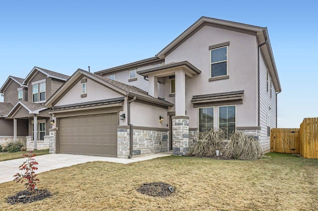 149 Woods Edge Ln, Georgetown, TX 78628 - view of front of home featuring stone siding, concrete driveway, an attached garage, and stucco siding