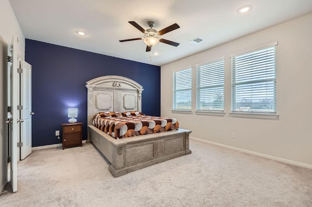 149 Woods Edge Ln, Georgetown, TX 78628 - bedroom with carpet, baseboards, recessed lighting, and a ceiling fan