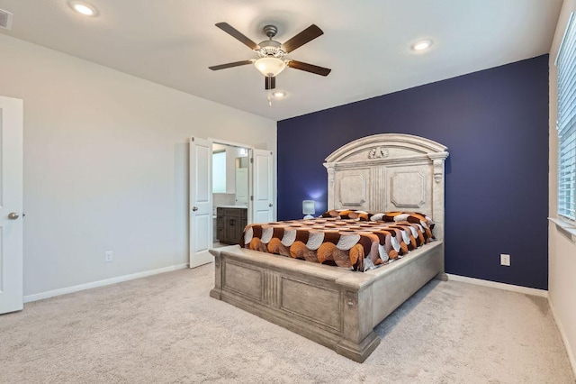 149 Woods Edge Ln, Georgetown, TX 78628 - bedroom with carpet flooring, baseboards, recessed lighting, connected bathroom, and ceiling fan
