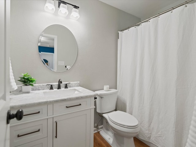 2600 Cockburn Dr, Austin, TX 78745 - full bathroom with vanity, wood finished floors, and a shower with curtain