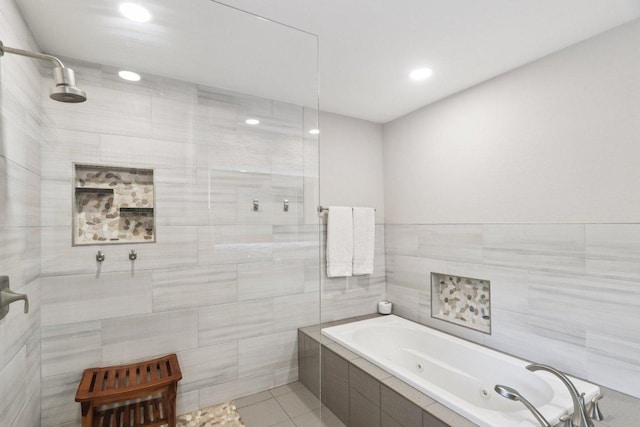 3902 Knollwood Dr Unit A, Austin, TX 78731 - full bathroom with a whirlpool tub, tile walls, tile patterned flooring, recessed lighting, and a tile shower