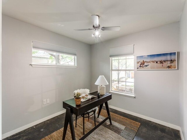 1705 Adriane Dr, Austin, TX 78721 - home office with baseboards, a ceiling fan, and concrete floors