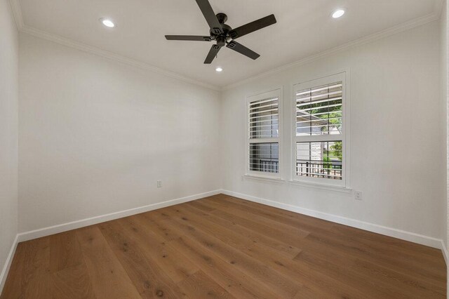 110 Chuckwagon Trl, Georgetown, TX 78633 - spare room featuring baseboards, ceiling fan, recessed lighting, wood finished floors, and crown molding