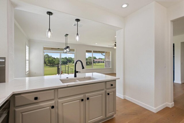 110 Chuckwagon Trl, Georgetown, TX 78633 - kitchen featuring a sink, light wood-style flooring, a ceiling fan, decorative light fixtures, and baseboards