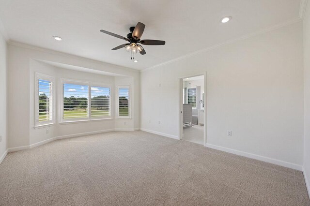 110 Chuckwagon Trl, Georgetown, TX 78633 - unfurnished bedroom with crown molding, light colored carpet, baseboards, recessed lighting, and ensuite bathroom