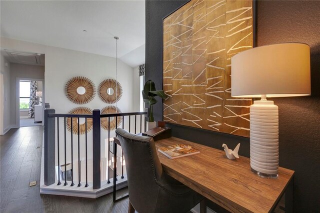 12109 Maypole Bnd, Austin, TX 78717 - office area with wood finished floors and lofted ceiling