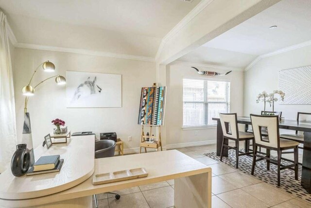 340 Beretta Cir, Georgetown, TX 78628 - office area featuring light tile patterned floors, crown molding, and baseboards