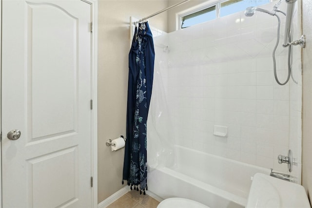7420 Jaborandi Dr, Austin, TX 78739 - bathroom featuring shower / tub combo with curtain, tile patterned flooring, baseboards, and toilet