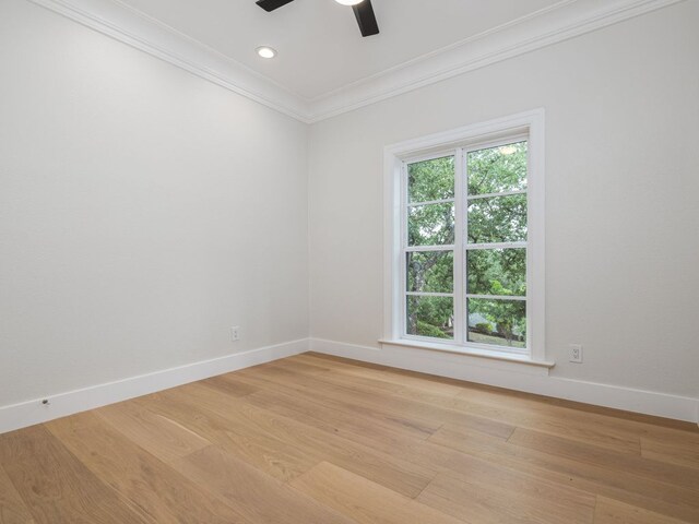 15902 Soleil Ct, Austin, TX 78734 - spare room featuring crown molding, ceiling fan, light wood finished floors, and recessed lighting