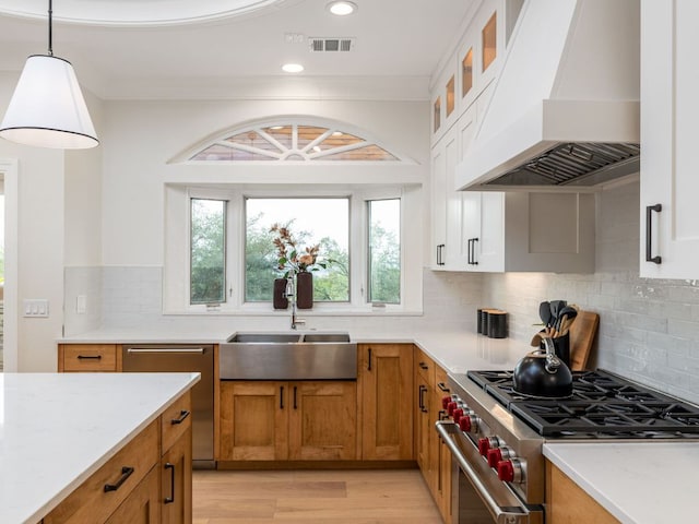 15902 Soleil Ct, Austin, TX 78734 - kitchen featuring custom exhaust hood, appliances with stainless steel finishes, a sink, tasteful backsplash, and glass insert cabinets