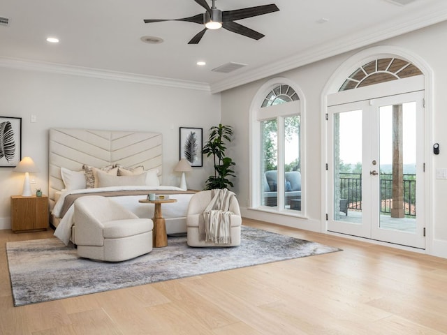 15902 Soleil Ct, Austin, TX 78734 - bedroom featuring access to outside, wood finished floors, crown molding, recessed lighting, and french doors