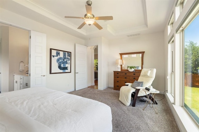20213 Hidden Gully Ln, Pflugerville, TX 78660 - carpeted bedroom with a raised ceiling, access to outside, a ceiling fan, and crown molding