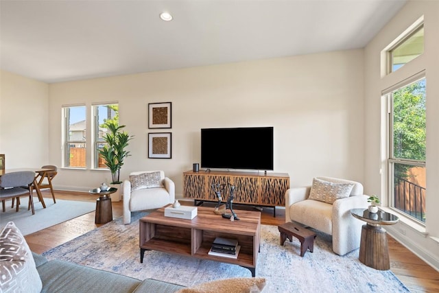20213 Hidden Gully Ln, Pflugerville, TX 78660 - living room featuring plenty of natural light, wood finished floors, baseboards, and recessed lighting