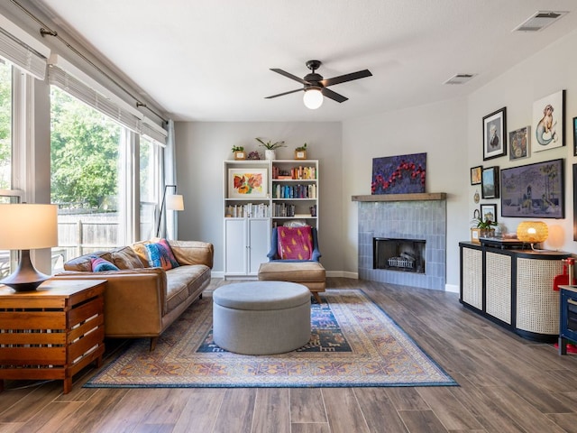 12705 Bransford Cv, Austin, TX 78753 - living area featuring plenty of natural light, wood finished floors, ceiling fan, and a fireplace