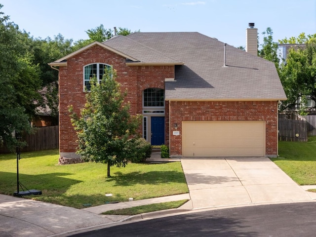 12705 Bransford Cv, Austin, TX 78753 - view of front facade with brick siding, driveway, a chimney, and an attached garage