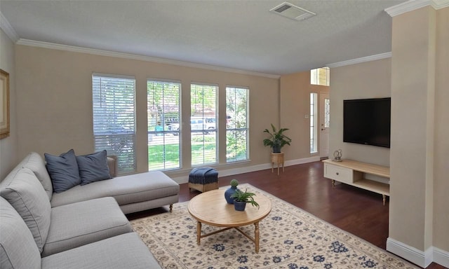 living area featuring ornamental molding, wood finished floors, and baseboards