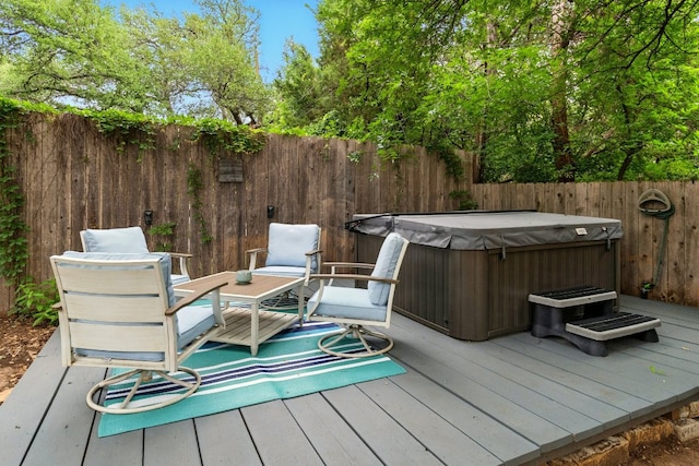 12707 Palfrey Dr, Austin, TX 78727 - wooden terrace featuring a hot tub and a fenced backyard