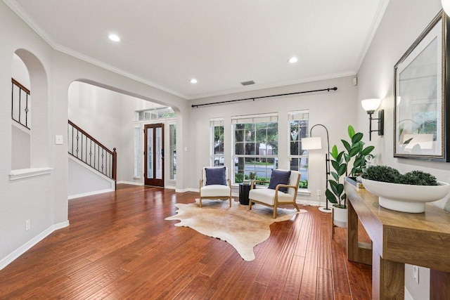 10113 Cassandra Dr, Austin, TX 78717 - entrance foyer featuring baseboards, wood finished floors, stairway, recessed lighting, and crown molding