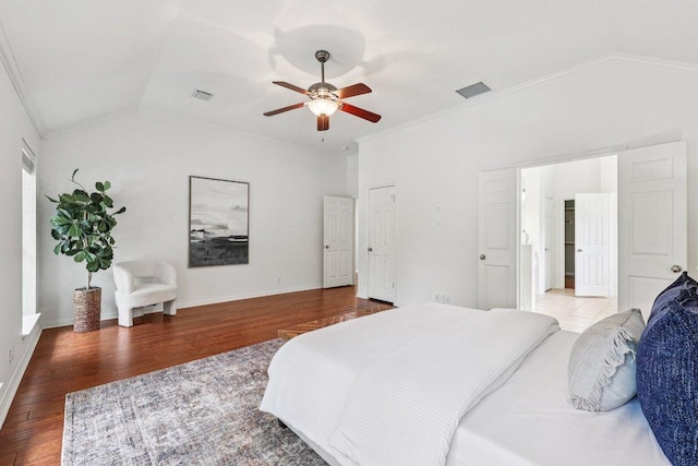 10113 Cassandra Dr, Austin, TX 78717 - bedroom with wood finished floors, lofted ceiling, ornamental molding, baseboards, and a ceiling fan