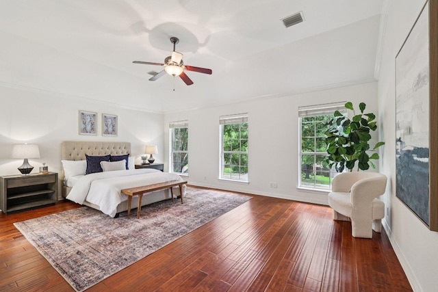 10113 Cassandra Dr, Austin, TX 78717 - bedroom with dark wood-type flooring, baseboards, ceiling fan, and ornamental molding