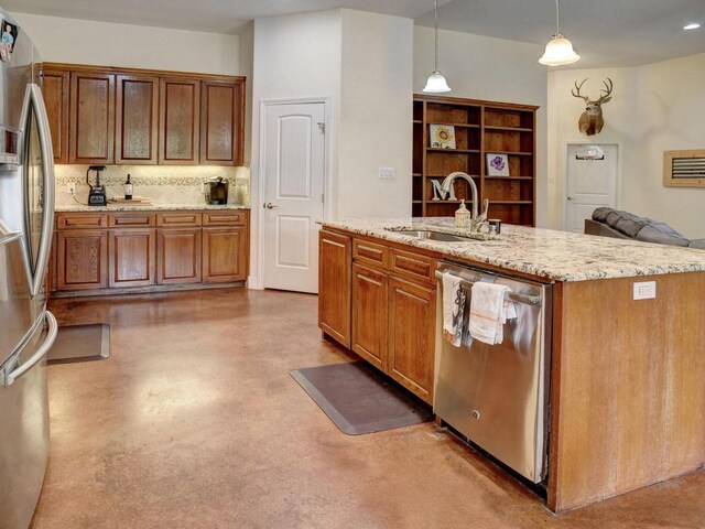 247 Campfire Way, Smithville, TX 78957 - kitchen with stainless steel appliances, a sink, brown cabinets, backsplash, and light stone counters