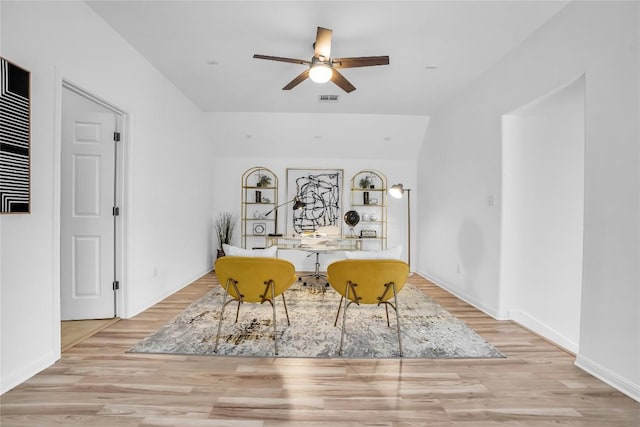 1055 Sunflower Trl, Austin, TX 78745 - dining space with wood finished floors, ceiling fan, and an office area