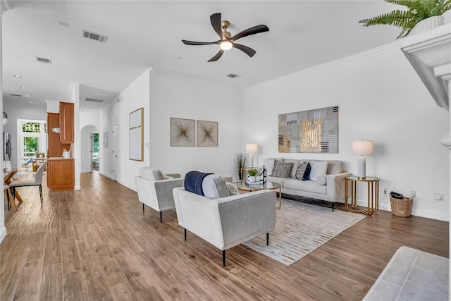 1055 Sunflower Trl, Austin, TX 78745 - living room with a ceiling fan, light wood-style flooring, and arched walkways