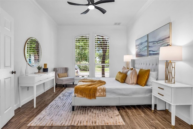 1055 Sunflower Trl, Austin, TX 78745 - bedroom featuring ornamental molding, dark wood-style floors, and ceiling fan