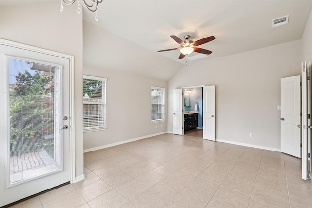 238 Rock Bluff Ln, San Marcos, TX 78666 - empty room featuring lofted ceiling, ceiling fan, and light tile patterned floors