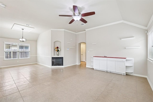 238 Rock Bluff Ln, San Marcos, TX 78666 - unfurnished living room with vaulted ceiling, plenty of natural light, light tile patterned flooring, and a ceiling fan