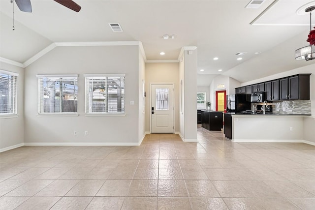 238 Rock Bluff Ln, San Marcos, TX 78666 - foyer entrance featuring lofted ceiling, a ceiling fan, light tile patterned floors, recessed lighting, and ornamental molding