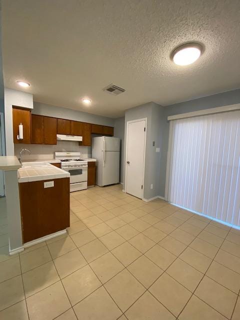 1402 Waterloo Trl, Austin, TX 78704 - kitchen with white appliances, a sink, under cabinet range hood, a peninsula, and a textured ceiling