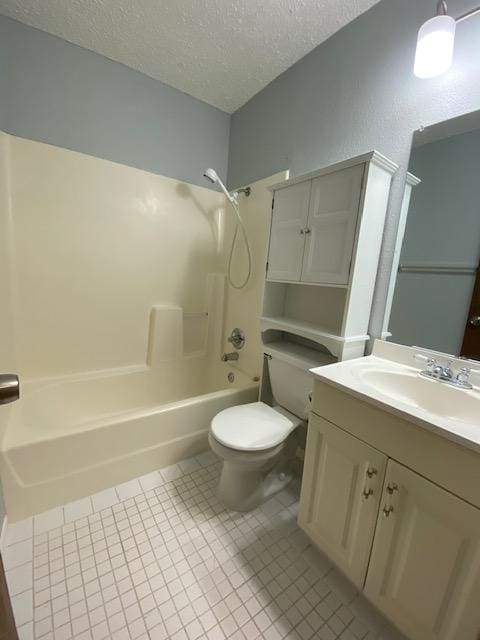 1402 Waterloo Trl, Austin, TX 78704 - bathroom with toilet, a textured ceiling, bathing tub / shower combination, vanity, and tile patterned flooring