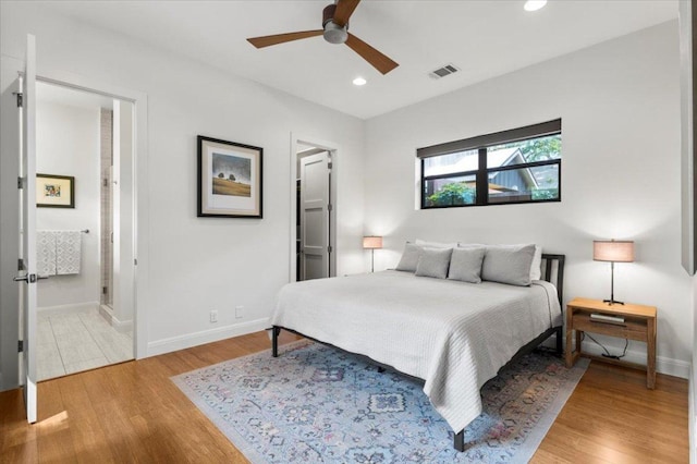 1706 Canterbury St, Austin, TX 78702 - bedroom featuring baseboards, wood finished floors, recessed lighting, and ceiling fan