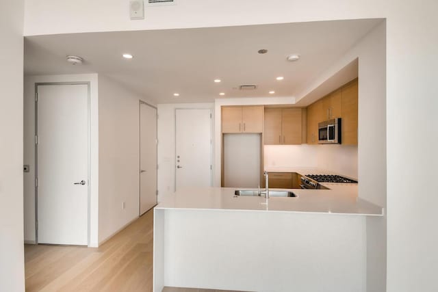 301 W Ave Unit 2003, Austin, TX 78701 - kitchen featuring appliances with stainless steel finishes, a sink, light wood-style floors, a peninsula, and light brown cabinets