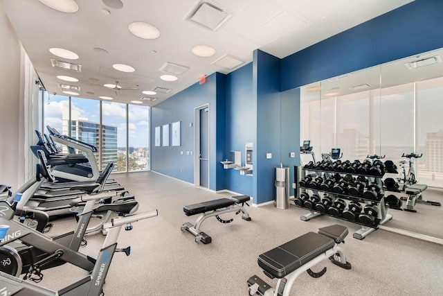 301 W Ave Unit 2003, Austin, TX 78701 - workout area with a wall of windows and a ceiling fan