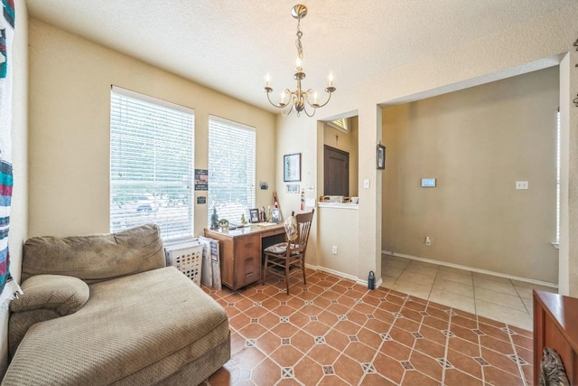 633 Sweet Leaf Ln, Pflugerville, TX 78660 - office featuring a chandelier, tile patterned floors, a textured ceiling, and baseboards