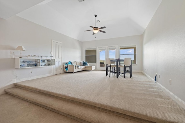 1501 University Club Dr, Austin, TX 78732 - living room with carpet flooring, a ceiling fan, baseboards, and high vaulted ceiling