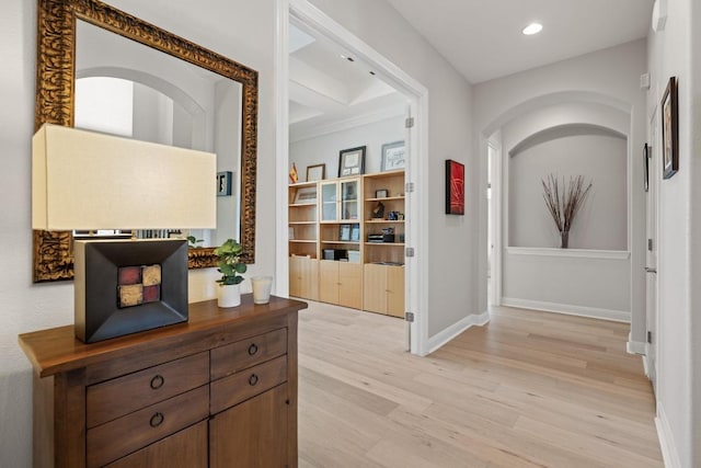 1501 University Club Dr, Austin, TX 78732 - hall with light wood-style floors, recessed lighting, arched walkways, and baseboards