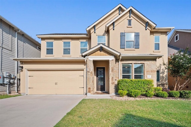5820 Harper Park Dr Unit 66, Austin, TX 78735 - view of front facade featuring an attached garage, driveway, stone siding, stucco siding, and a front yard