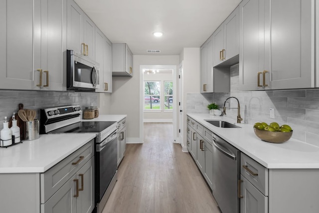 13322 Villa Park Dr, Austin, TX 78729 - kitchen with appliances with stainless steel finishes, gray cabinets, a sink, light wood-style floors, and light countertops