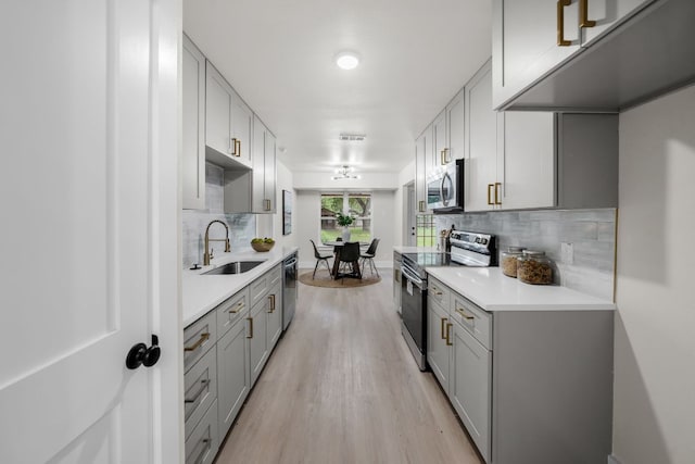 13322 Villa Park Dr, Austin, TX 78729 - kitchen with stainless steel appliances, a sink, gray cabinetry, and light wood-style flooring