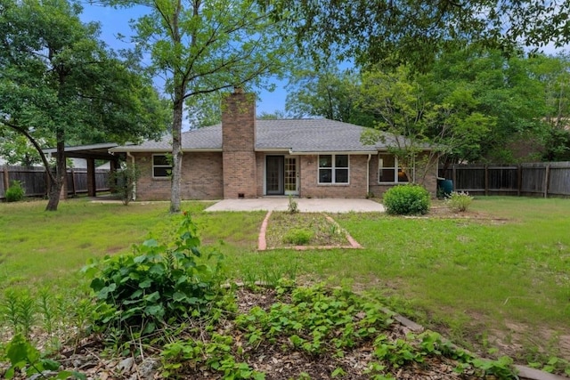 13322 Villa Park Dr, Austin, TX 78729 - rear view of house featuring brick siding, a chimney, a patio area, and a shingled roof