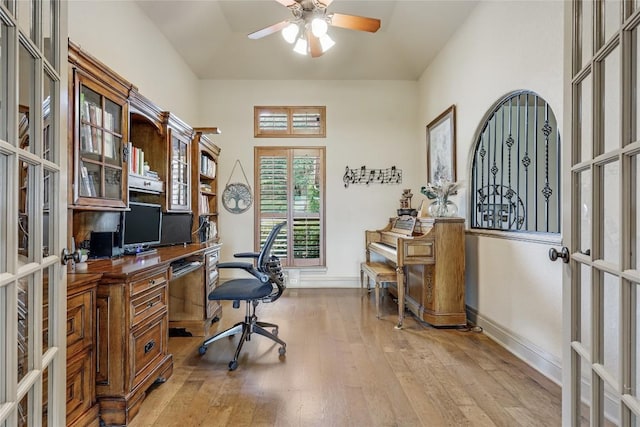 17400 Northlake Hills Dr, Jonestown, TX 78645 - office space featuring french doors, light wood-style flooring, ceiling fan, and baseboards