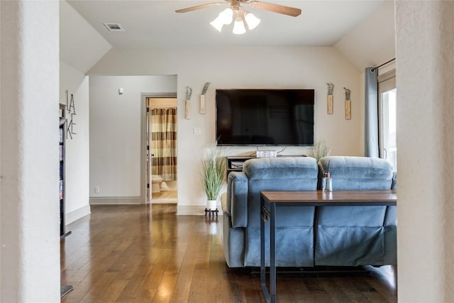 17400 Northlake Hills Dr, Jonestown, TX 78645 - living area featuring vaulted ceiling, a ceiling fan, hardwood / wood-style floors, and baseboards